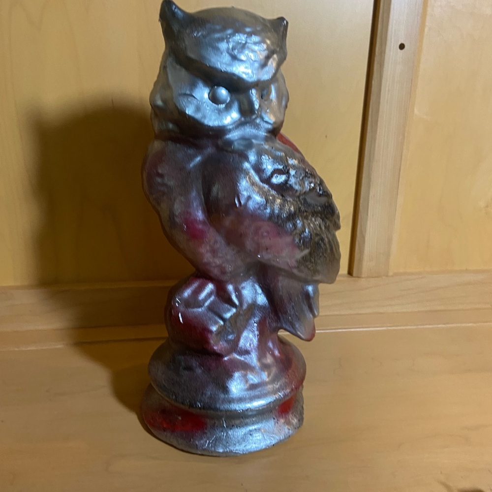 Silver and Red Owl Sculpture